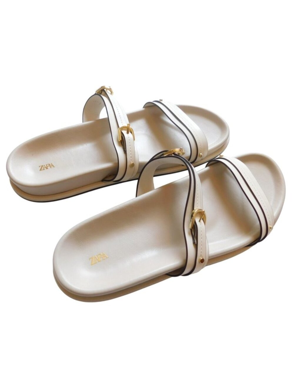 Zara Womens Cream Slide Sandals Gold Buckle Details Size 41 10  / 10.5 Coastal - Picture 5 of 7
